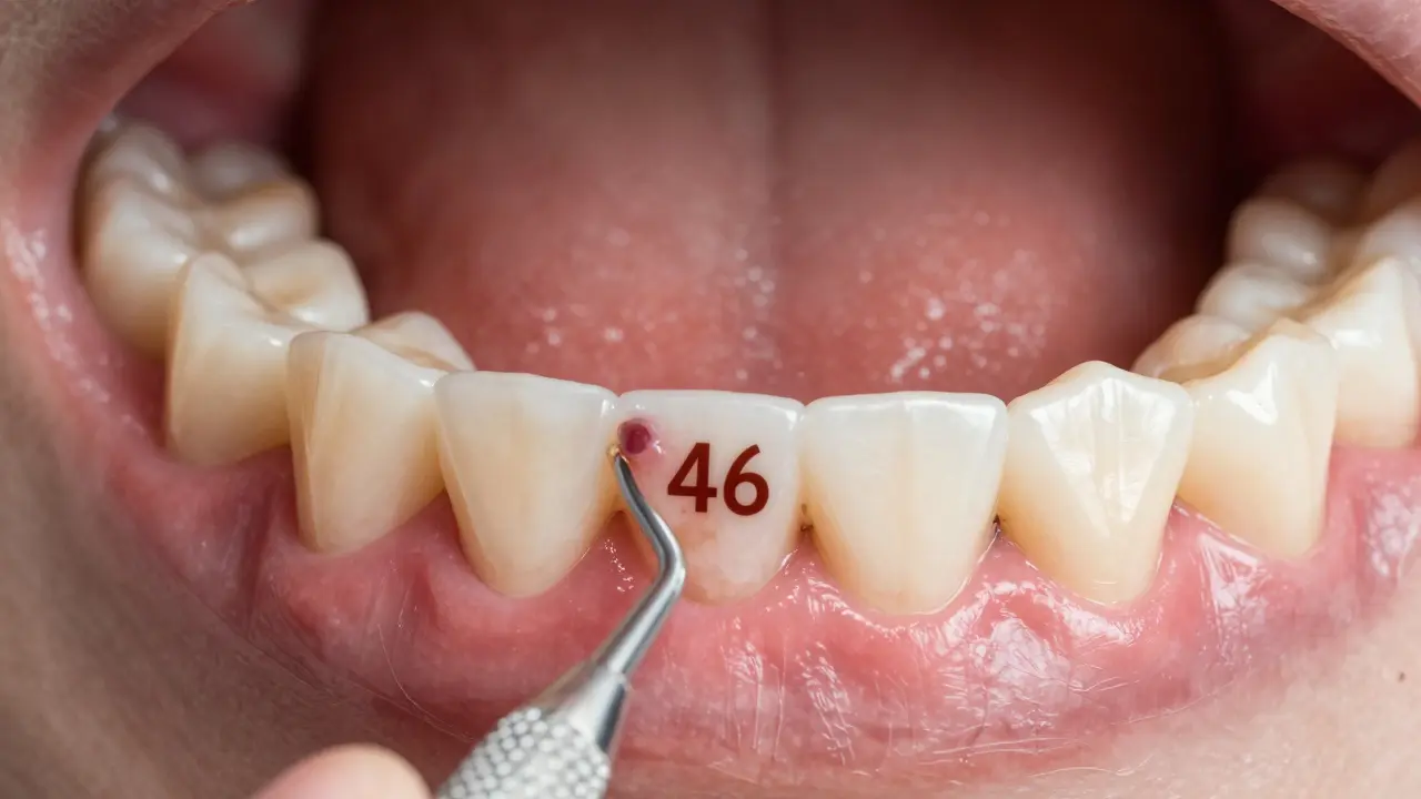 Detail dolní pravé čelisti s prvním velkým molárem 46 a viditelným nánosem plaku.