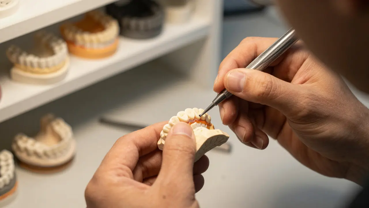 Technik ručně vyrábí keramický můstek ve zubotechnické laboratoři