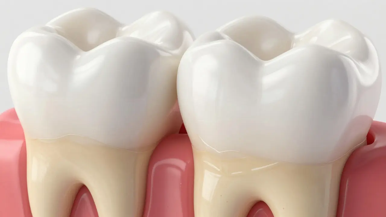 Makro pohled na zoubek ukazující erozi skloviny a žlutý dentin