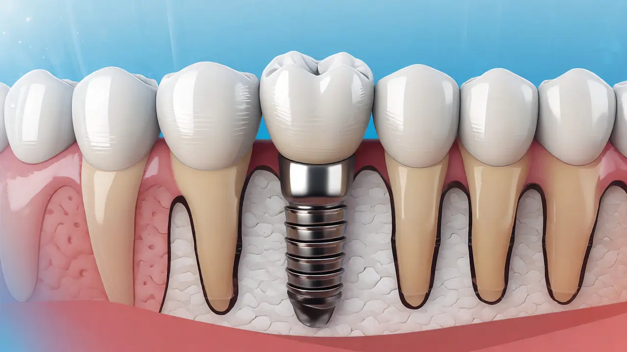 Detailní pohled na zavedený zubní implantát s keramickou korunou.