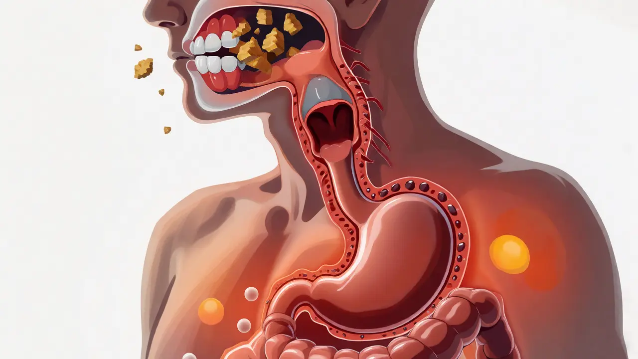Ilustrace dopadu špatného žvýkání na trávicí ústrojí a žaludek