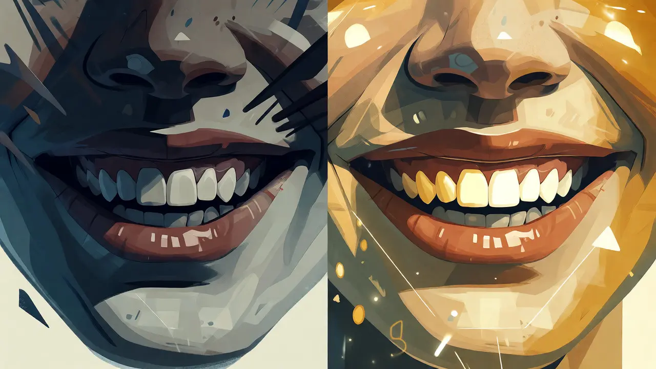 Konceptuální ilustrace kontrastující tmavý stín kritiky se zlatým světlem přijetí mezery mezi zuby.