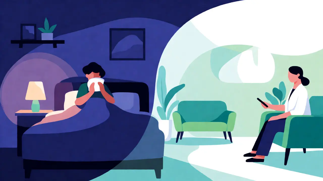 Konceptuální ilustrace přechodu z domácího ošetření studeným obkladem do péče v klinice.