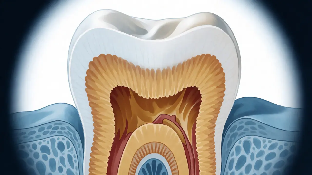 Řez zubem znázorňující hluboký kaz skrytý pod povrchem skloviny v dentinu.