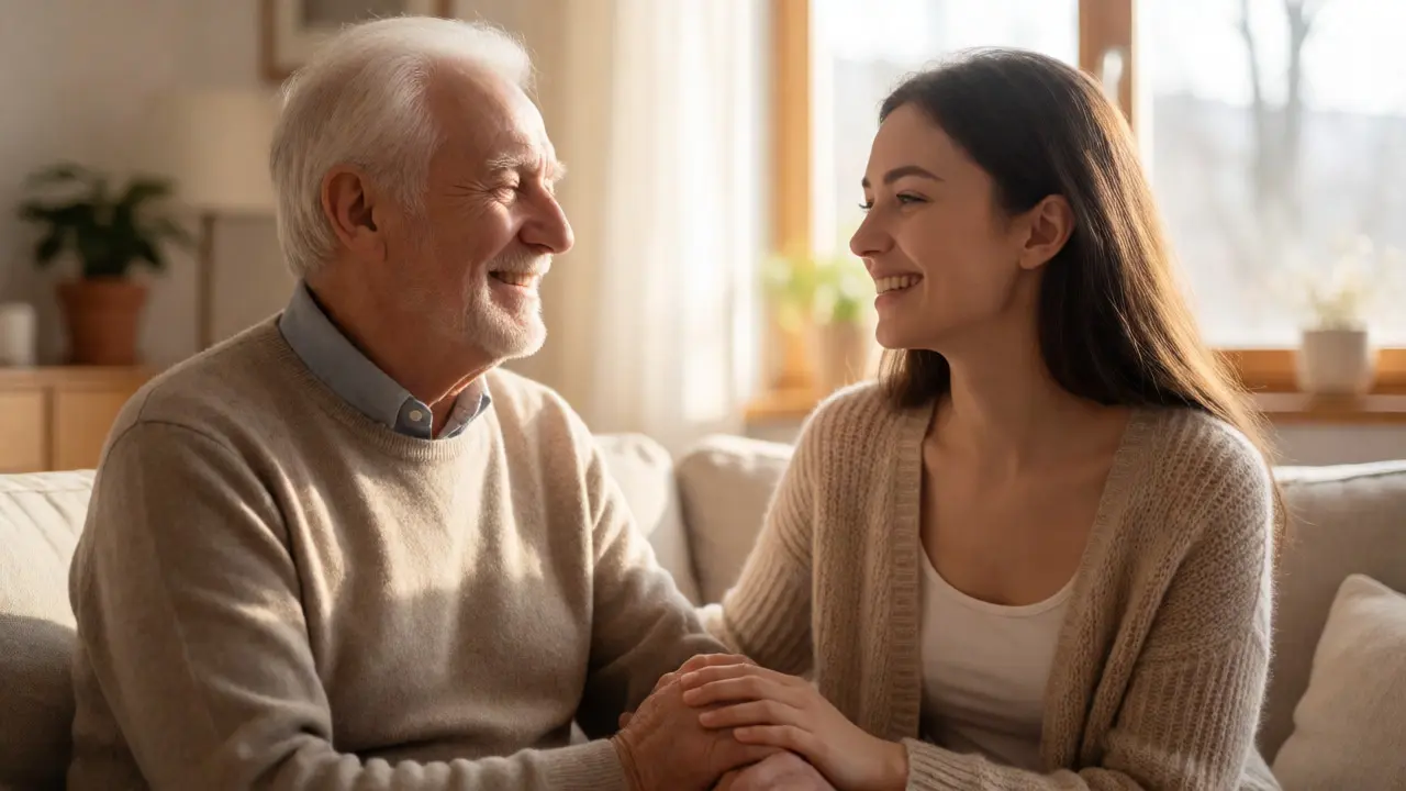 Šťastný senior a mladá žena se zdravým úsměvem doma