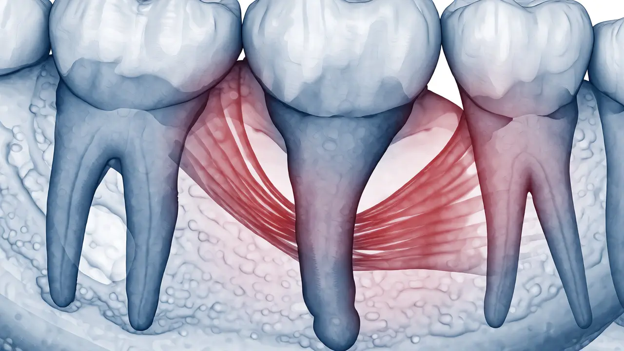 Anatomický řez čelistí ukazující úbytek kosti kolem kořene zubu a nestabilitu chrupu.