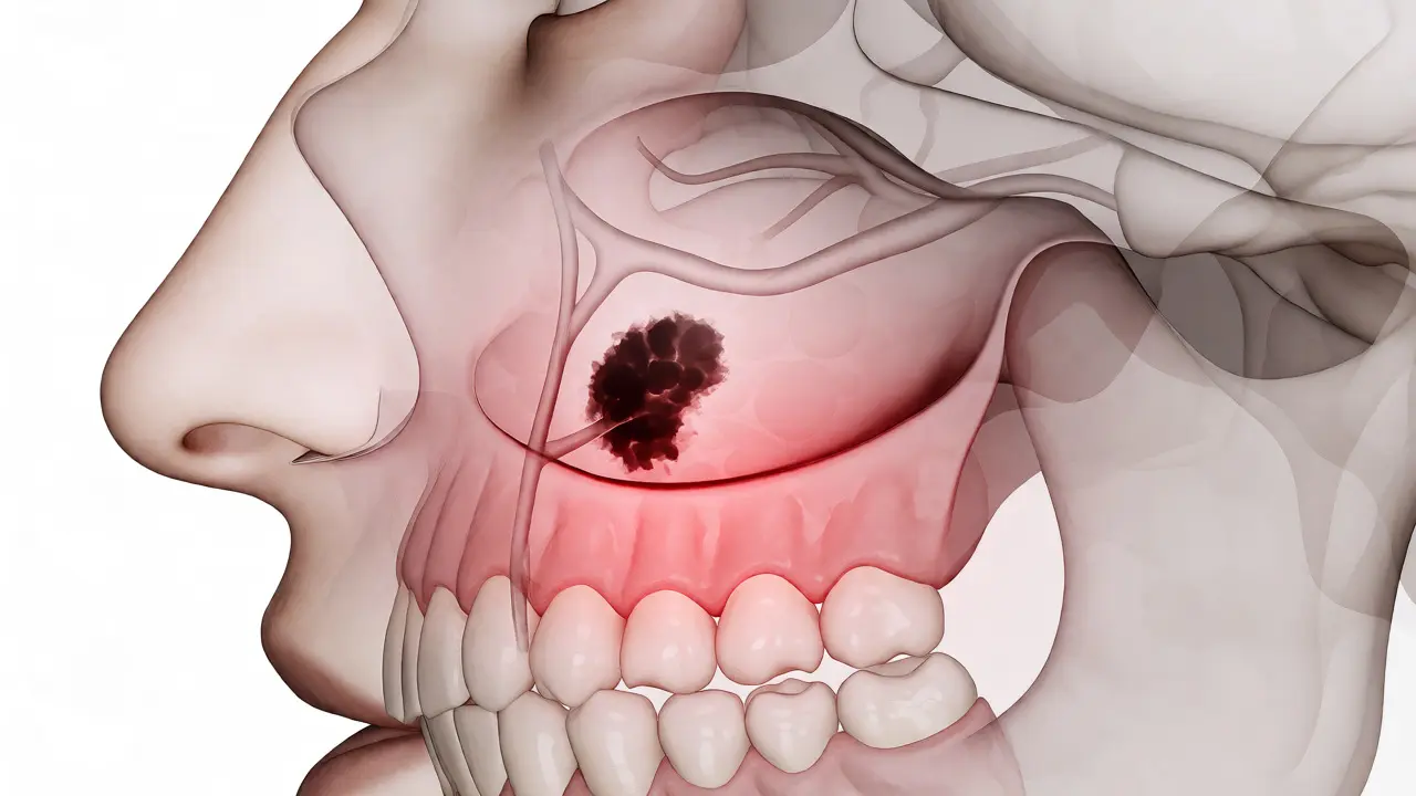 Anatomický řez hlavou ukazující nádor v čelistní dutině nad kořeny zubů