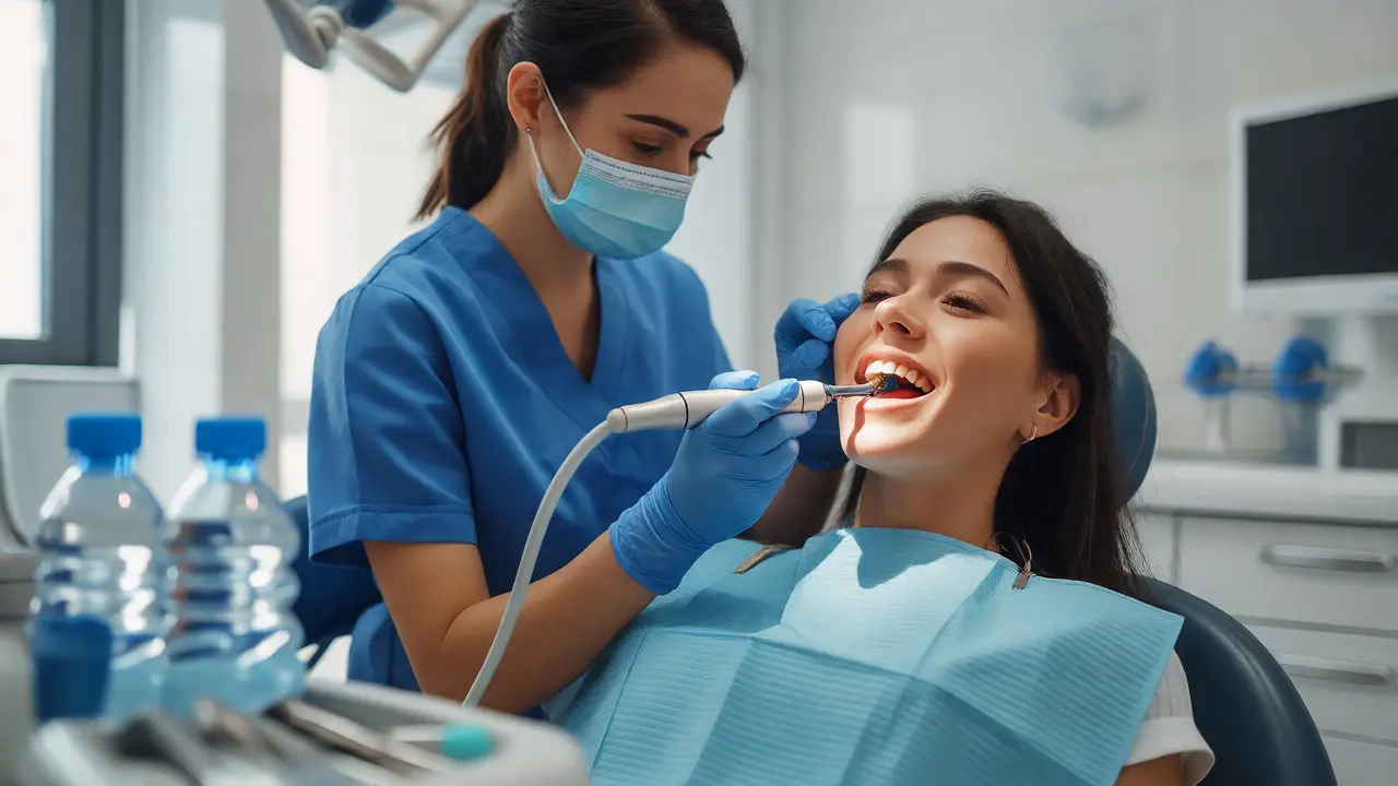 Dentální hygienistka odstraňuje zubní kámen ultrazvukem v ordinaci.
