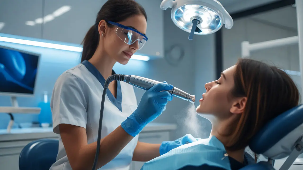 Dentální hygienistka provádí čištění zubů pacientovi