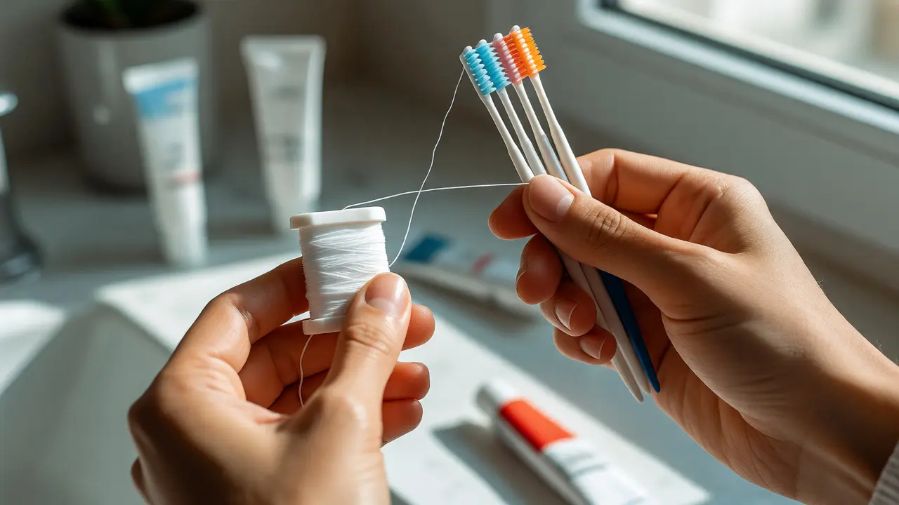 Dentální nit a sada mezizubních kartáčků připravené k použití na umyvadle.