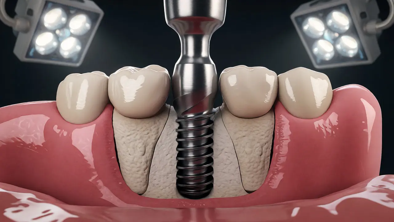 Detailní náhled na zavádění zubního implantátu do čelisti
