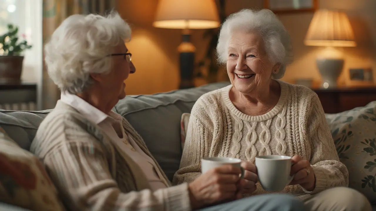 Happy couple drinking tea after adapting to dentures