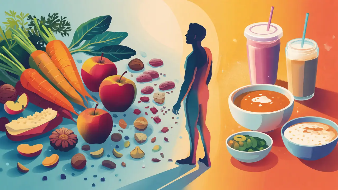 Konceptuální ilustrace rozdílu mezi tvrdými a měkkými potravinami při ztrátě zubů