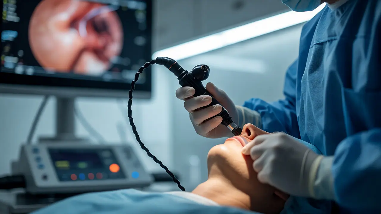 Lékař provádějící endoskopické vyšetření nosu u pacienta v ordinaci