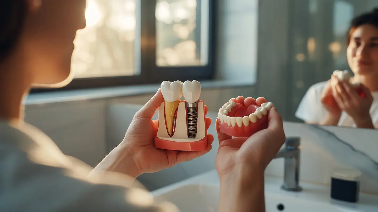 Osoba porovnávající model zubního implantátu s klasickou protézou v koupelně