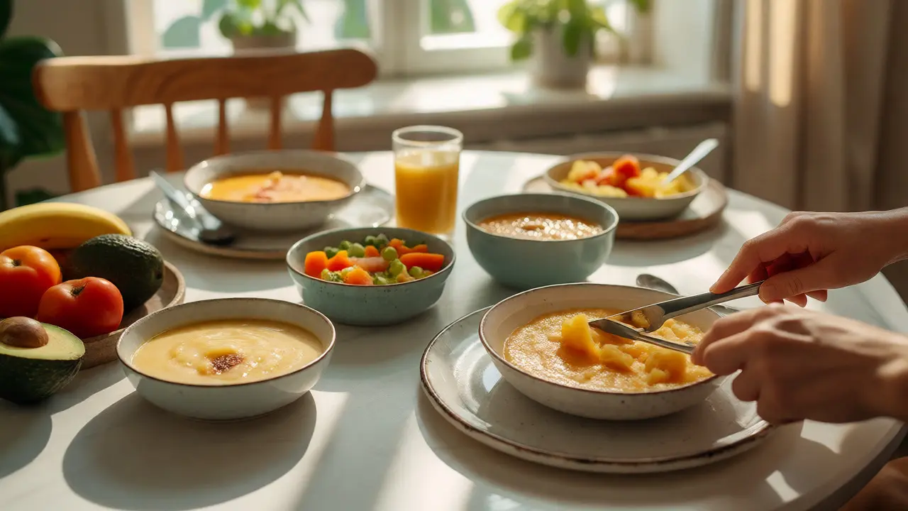 Soft foods prepared for denture wearers on a table
